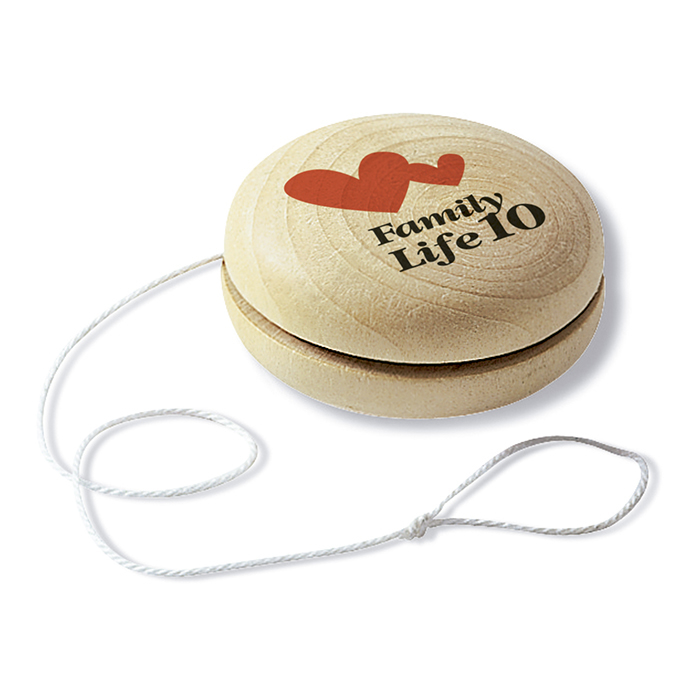 wooden yo yo with a 2 colour print to 1 side