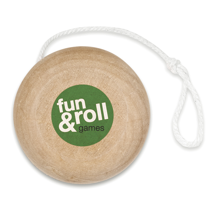 a wooden yo yo with a three colour print to 1 side