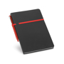 recycled cardboard notepad in black with red elastic pen holder/closure strap around middle with red pen