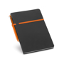recycled cardboard notepad in black with orange elastic pen holder/closure strap around middle with orange pen