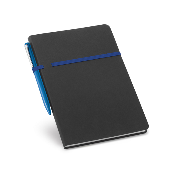 recycled cardboard notepad in black with blue elastic pen holder/closure strap around middle with blue pen