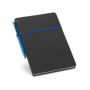 recycled cardboard notepad in black with blue elastic pen holder/closure strap around middle with blue pen