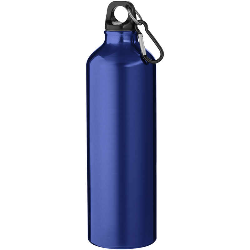 Navy straight sided metal drinking bottle with screw on cap and clip for attaching to a bag