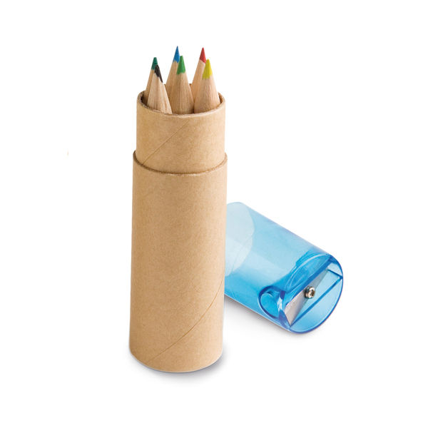 cardboard tube with 6 coloured pencils and blue sharpener top
