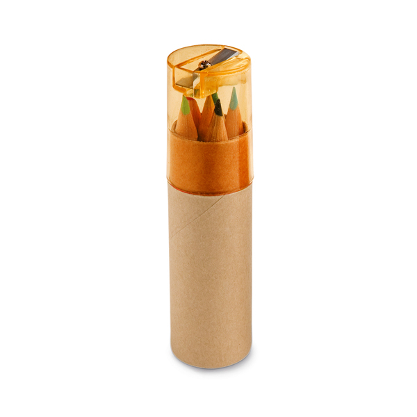 cardboard tube with 6 coloured pencils and orange sharpener top