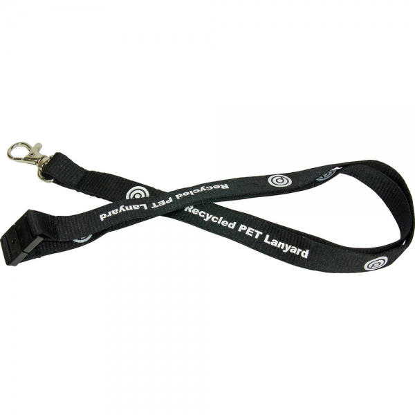 a black PET 15mm eco lanyard with black safety break and silver trigger clip