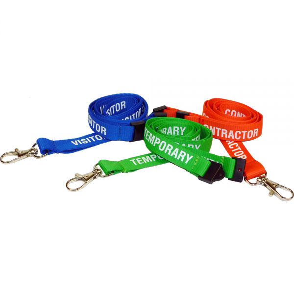 3 PET 15mm eco lanyards each with a black safety break and silver trigger clip in red, green and blue