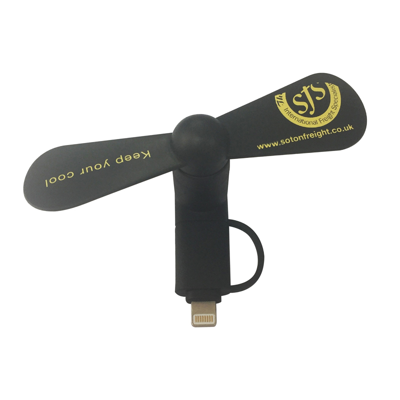 Mobile phone fan in black with logo and company details printed on the front