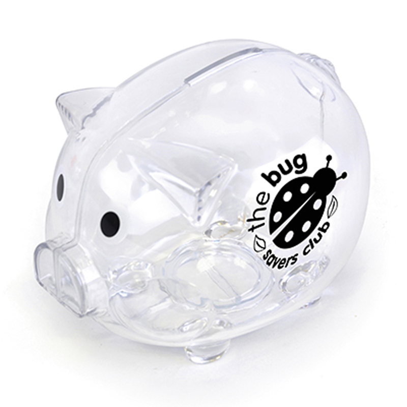 clear piggy bank with 1 colour logo