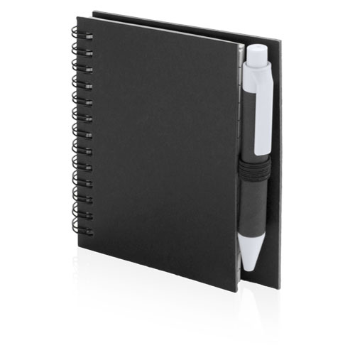 Pilaf Recycled Notebook in black with colour match pen and black elastic pen loop and wiro binding