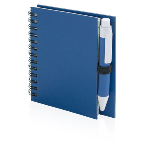 Pilaf Recycled Notebook in blue with colour match pen and black elastic pen loop and wiro binding