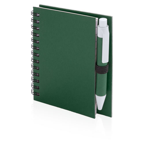 Pilaf Recycled Notebook in green with colour match pen and black elastic pen loop and wiro binding