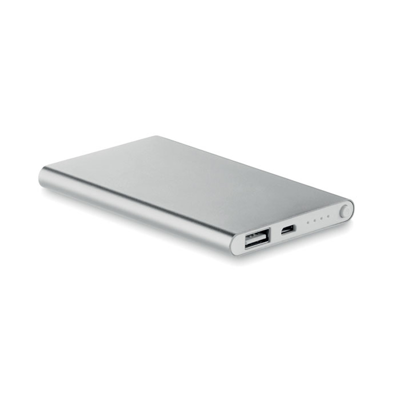 metallic silver rectangular power bank