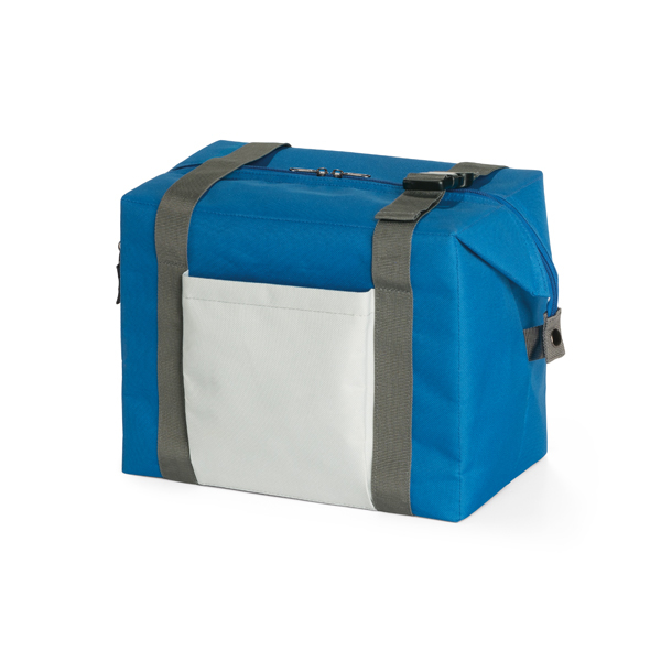 Blue cooler bag folded into a rectangular cool bag