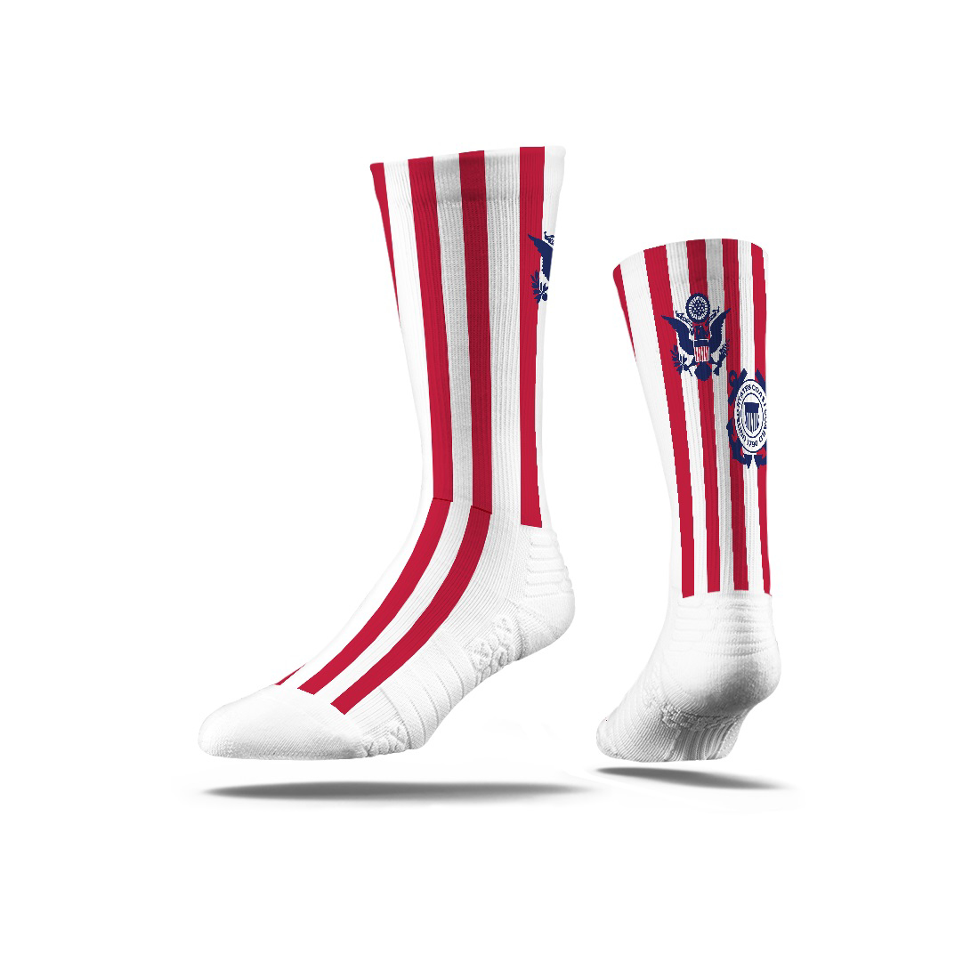Premium Full Sub Socks  in white with red stripes and 3 colour print logo
