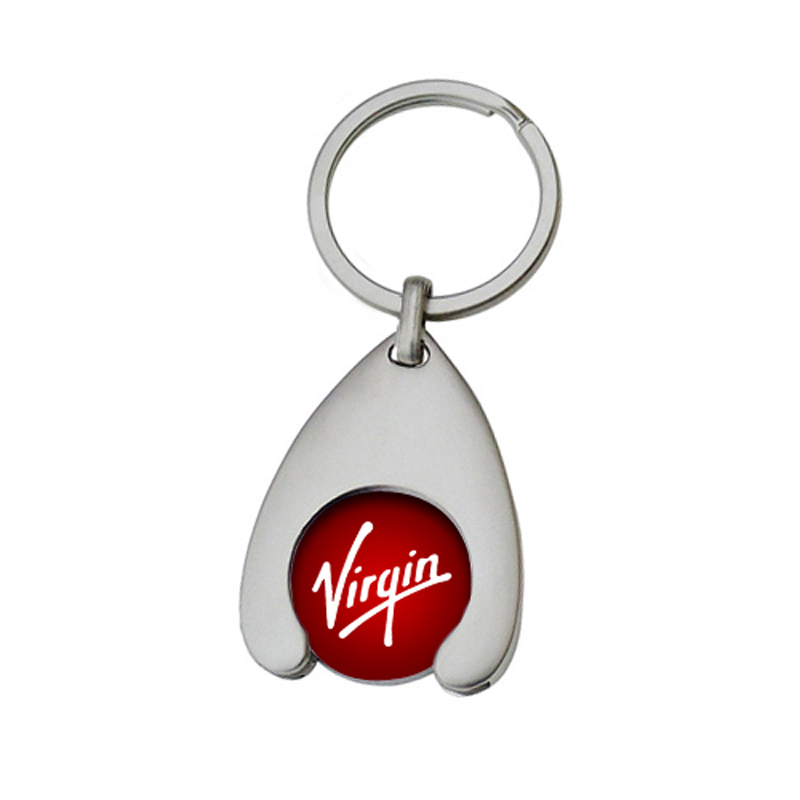 a wish bone shaped keyring with a red branded trolley coin to the centre of the wishbone