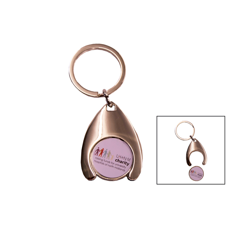 a wish bone shaped keyring with a pink branded trolley coin to the centre of the wishbone