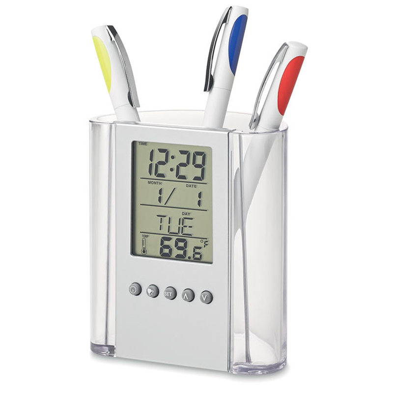 Pen holder pot and digital clock and date, temperature gauge.