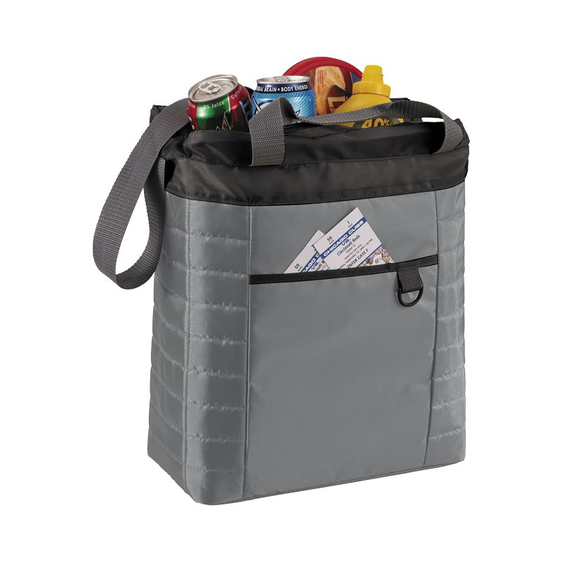 Tall grey cooler bag packed with goods ready for a picnic