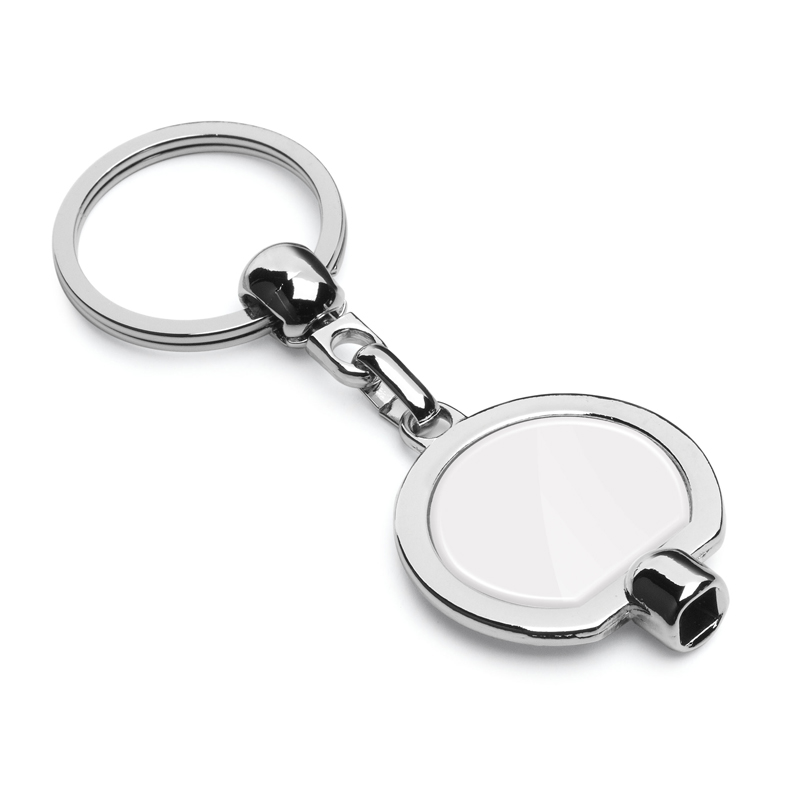 a round keyring with large branding space and radiator bleeding tool to 1 side