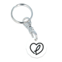 a white recycled coin keyring with a black heart logo to the front centre