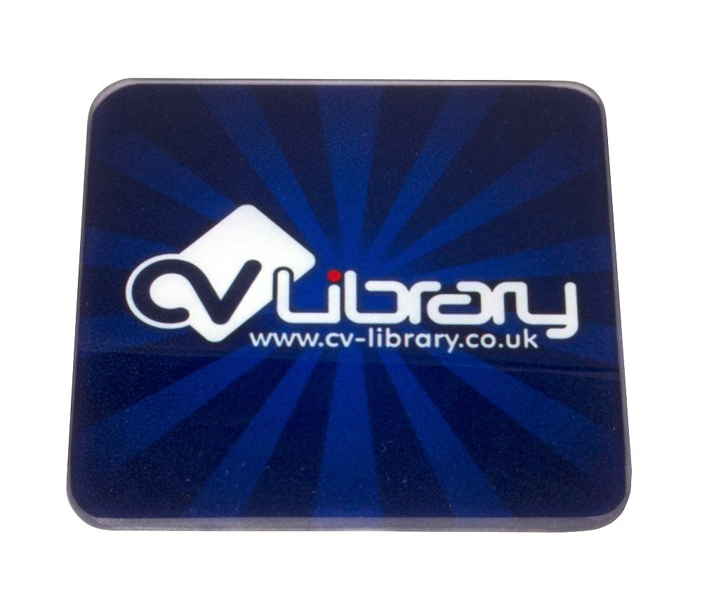 blue square recycled glass coaster with full colour print