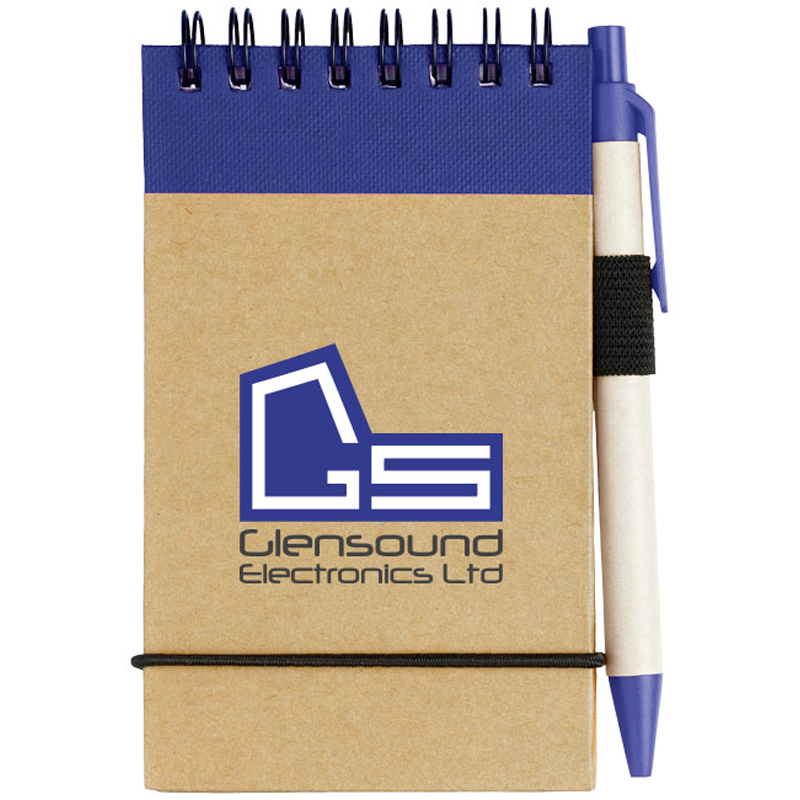 Recycled Jotter with wire binding, black elastic closure strap, coloured trim and colour match pen and 3 colour logo
