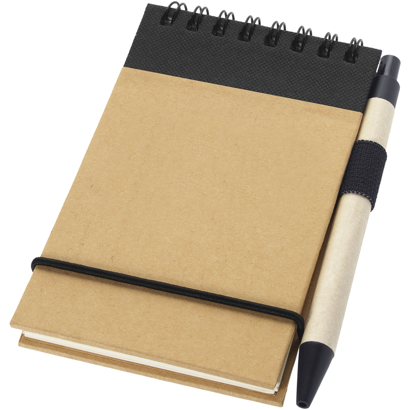 Recycled Jotter with wire binding, black elastic closure strap, black coloured trim and colour match pen