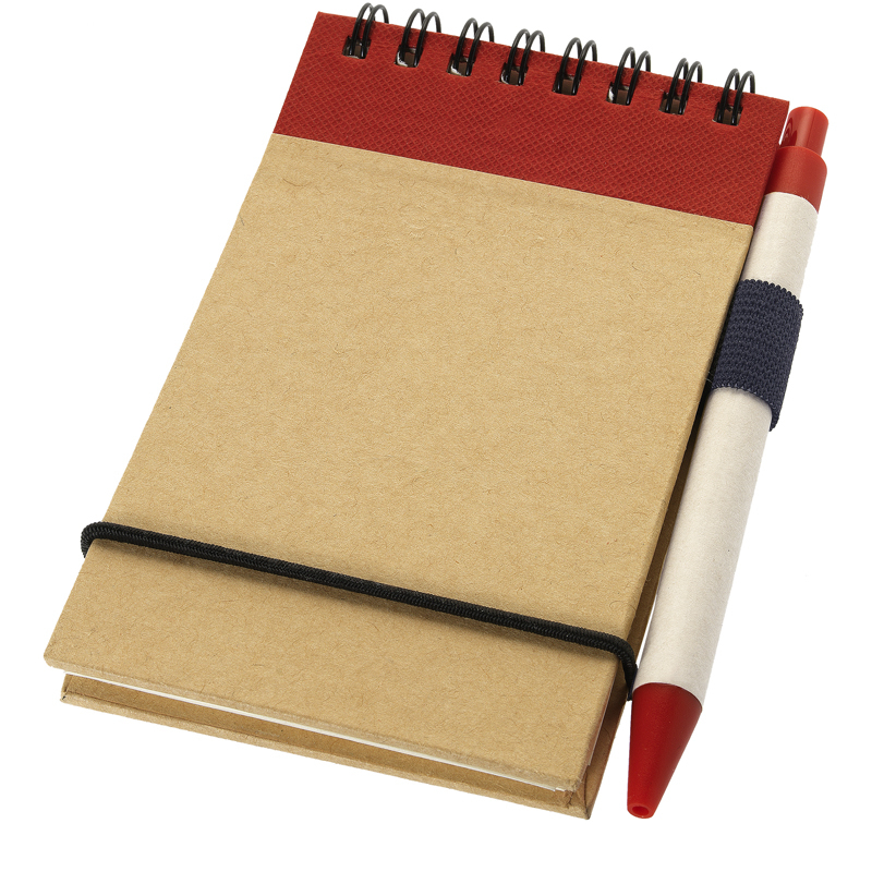 Recycled Jotter with wire binding, black elastic closure strap, red coloured trim and colour match pen
