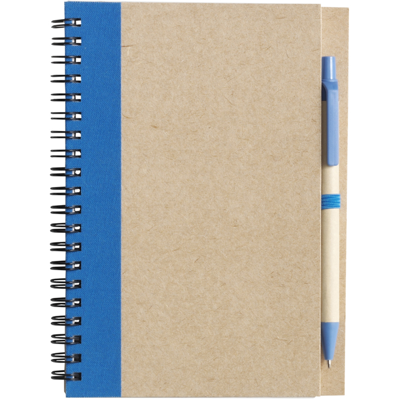 Recycled Notepad and Pen with blue trim and colour match pen