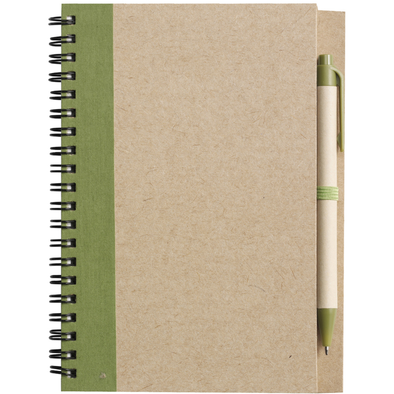 Recycled Notepad and Pen with green trim and colour match pen