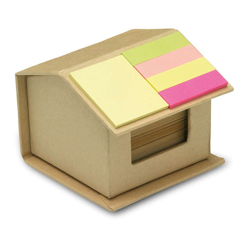 House shaped cardboard box in recycled material, containing recycled paper and colourful memo stickers on roof