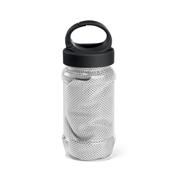 bottle containing grey gym towel