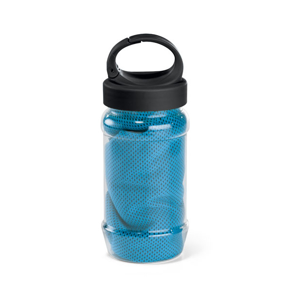 bottle containing light blue gym towel