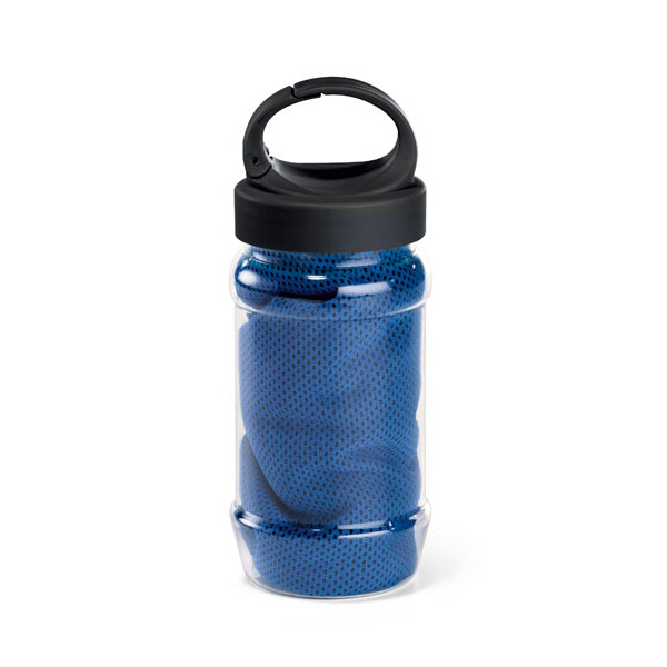 bottle containing dark blue gym towel