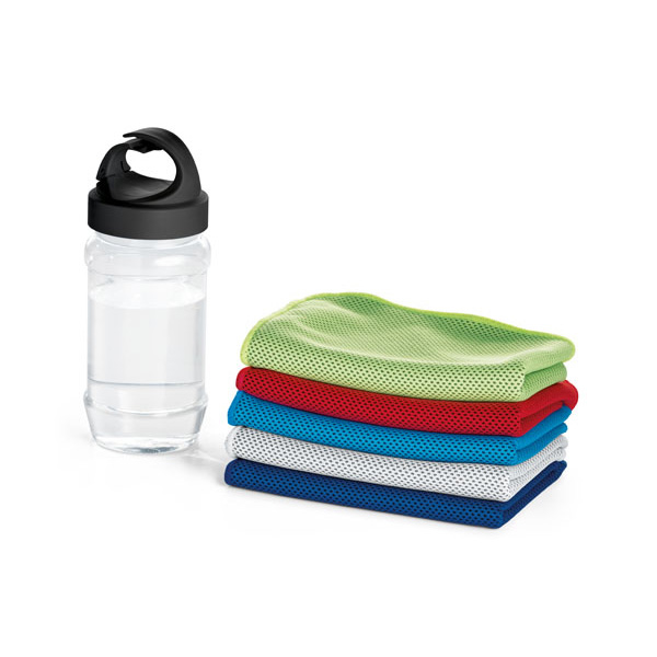 clear sports bottle next to a folded gym towels in a range of colours
