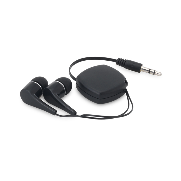 Black ear phones in retractable case