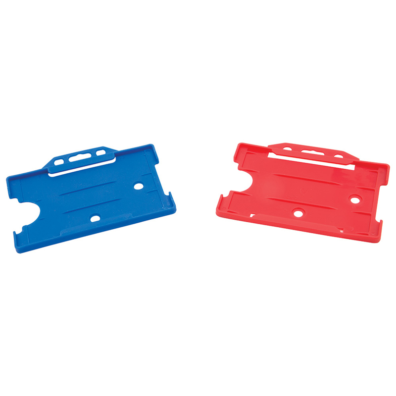 two rigid card holders in red and blue