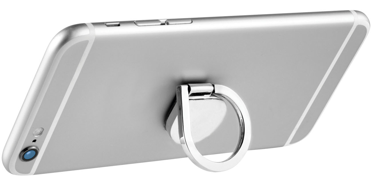 Aluminium ring phone holder in silver being used as a stand