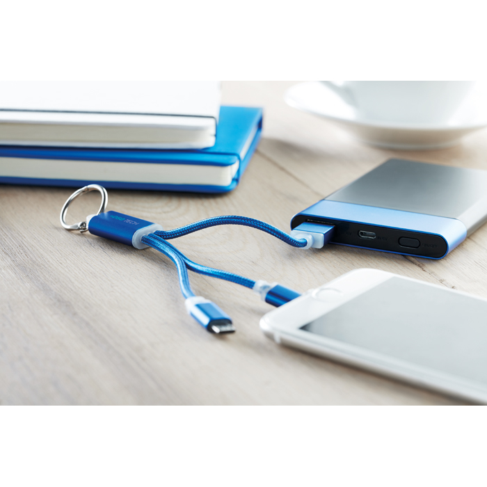 Rizo Charger Cable multi charger in blue and white with 3 output options connected to devices