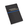 Imitation leather roots notebook in black with grey elastic straps for pens and business cards and blue coloured elastic closure strap