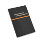 Imitation leather roots notebook in black with grey elastic straps for pens and business cards and orange coloured elastic closure strap