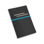 Imitation leather roots notebook in black with grey elastic straps for pens and business cards and turquoise coloured elastic closure strap