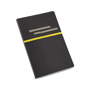 Imitation leather roots notebook in black with grey elastic straps for pens and business cards and yellow coloured elastic closure strap