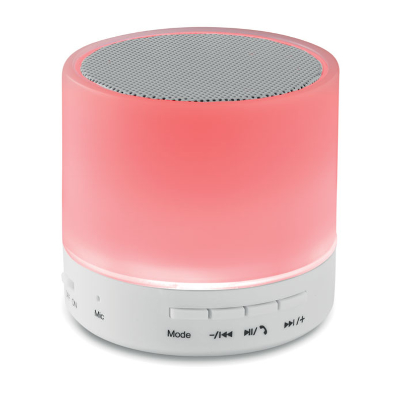 white round bluetooth speaker with red lightup base