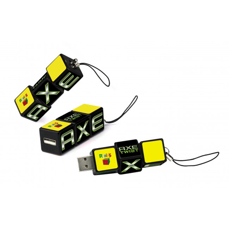 Rubiks Twist USB in black and yellow with full colour print showing it twisted