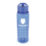 Transparent blue bottle with white corporate logo