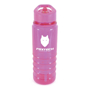 Transparent pink bottle with white corporate logo