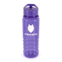 Transparent purple bottle with white corporate logo