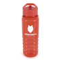 Transparent red bottle with white corporate logo